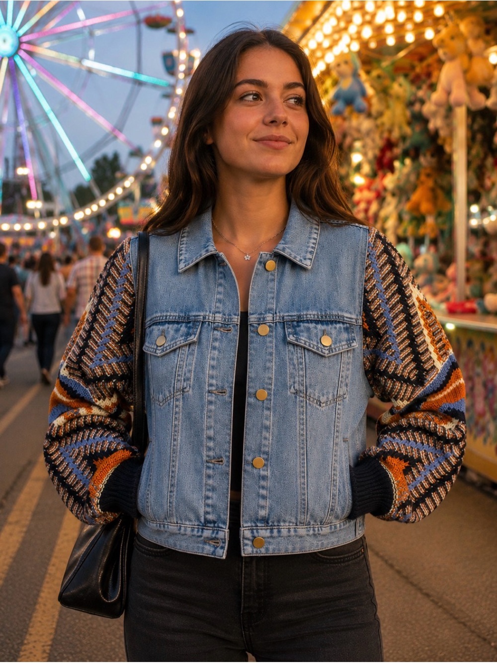 Flying Tomato Light Blue Denim Jacket with Multi-Color Knit Sleeves Size S Boho